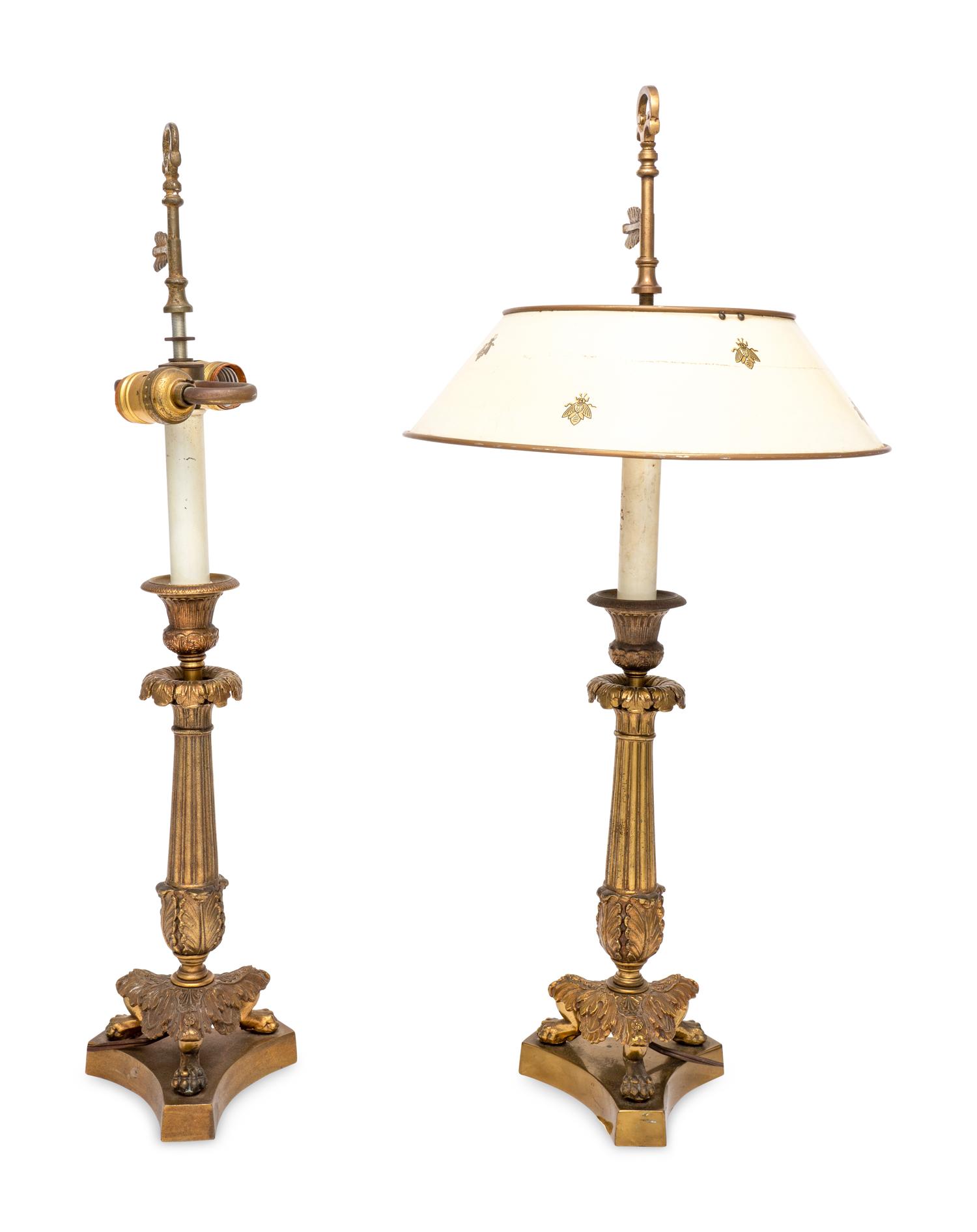 A Pair of Empire Style Gilt Bronze Candlesticks Mounted as Lamps