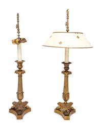 A Pair of Empire Style Gilt Bronze Candlesticks Mounted as Lamps