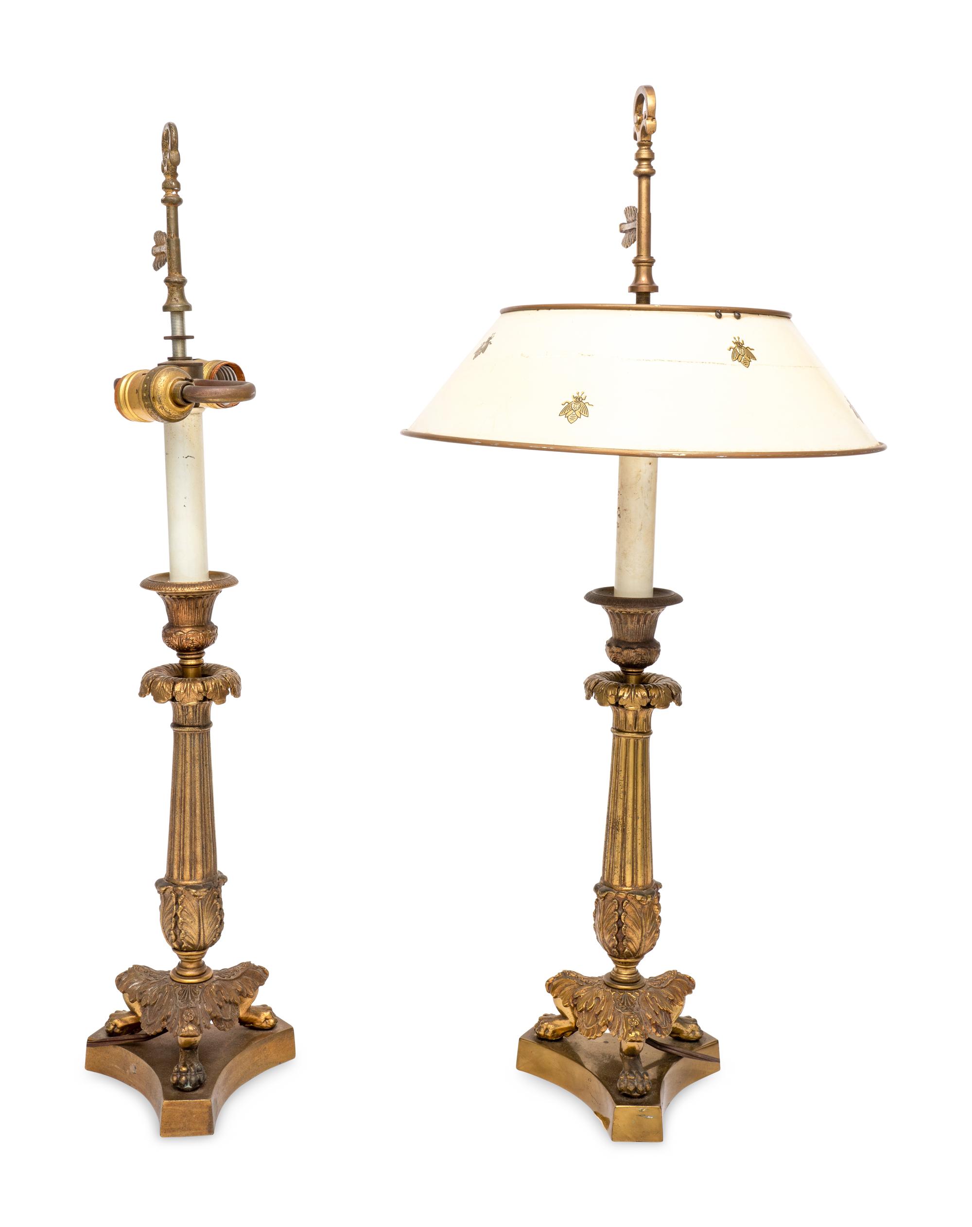 A Pair of Empire Style Gilt Bronze Candlesticks Mounted as Lamps