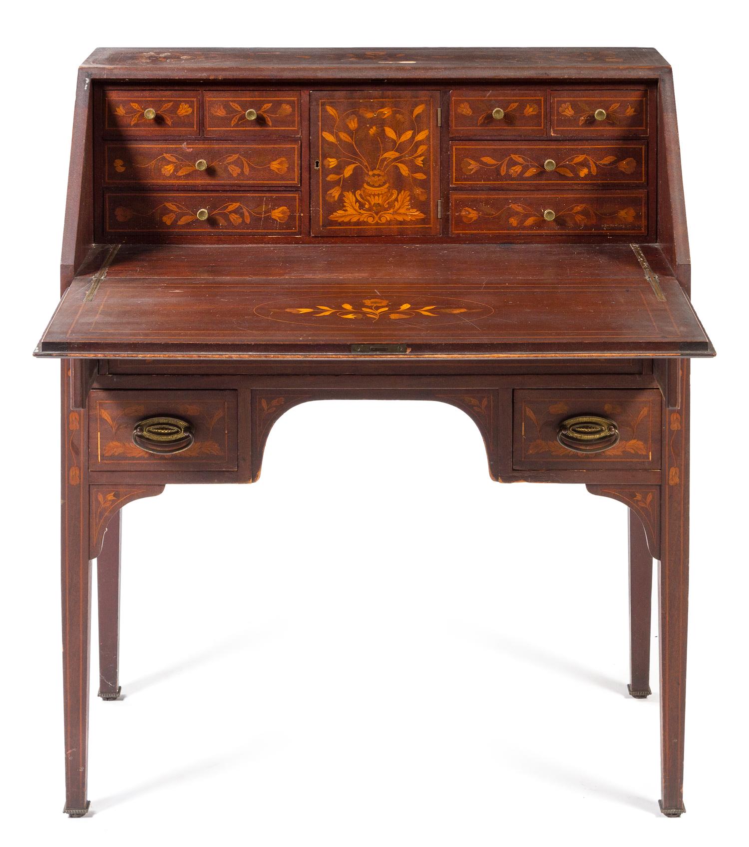 A Dutch Marquetry Fall Front Writing Desk Height 30 1/2 x width 44 x depth 17 1/4 inches. — 19TH/20TH CENTURY