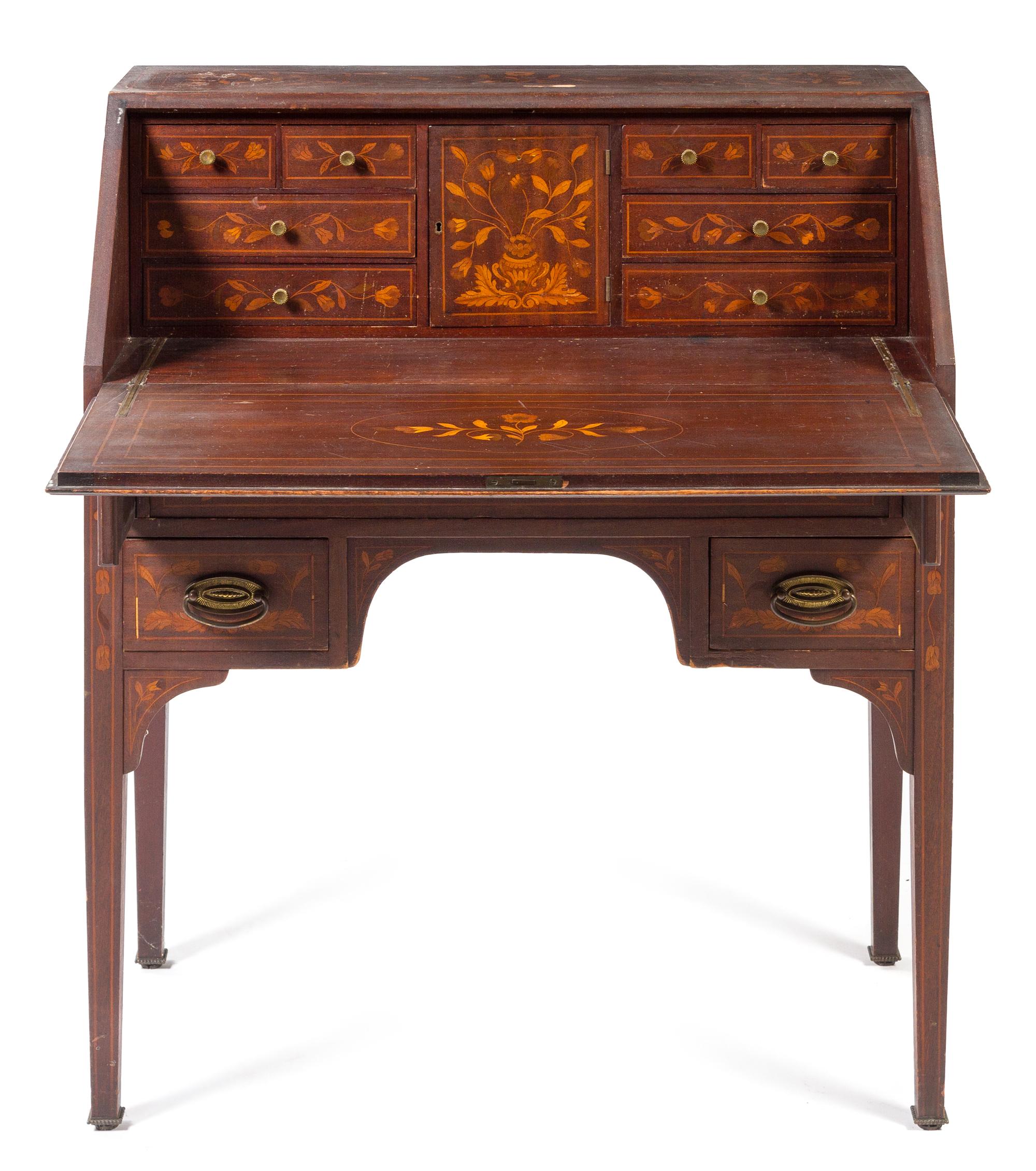 A Dutch Marquetry Fall Front Writing Desk Height 30 1/2 x width 44 x depth 17 1/4 inches. — 19TH/20TH CENTURY