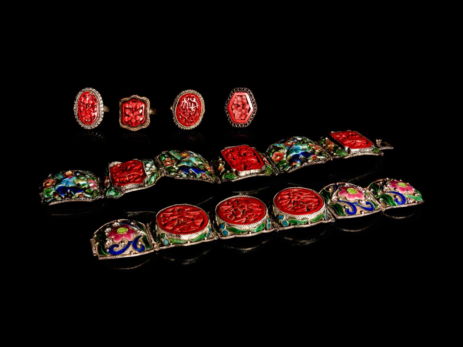 Six Chinese Red Lacquer Inset Metal Jewelry