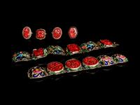 Six Chinese Red Lacquer Inset Metal Jewelry