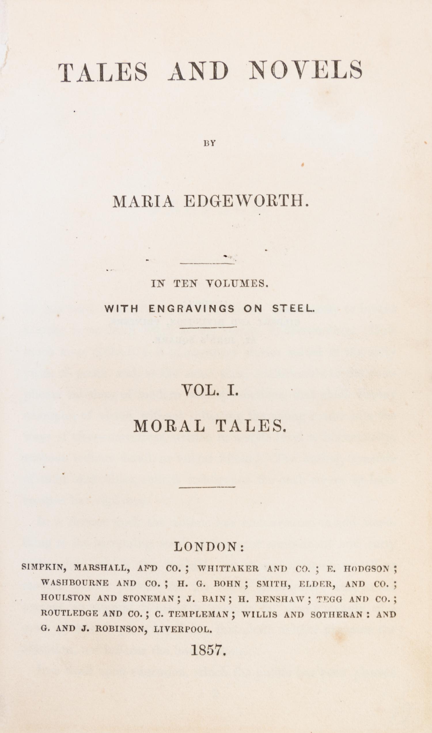 (BINDINGS, VELLUM) EDGEWORTH, MARIA. Tales and Novels. London, 1857. 10 vols.