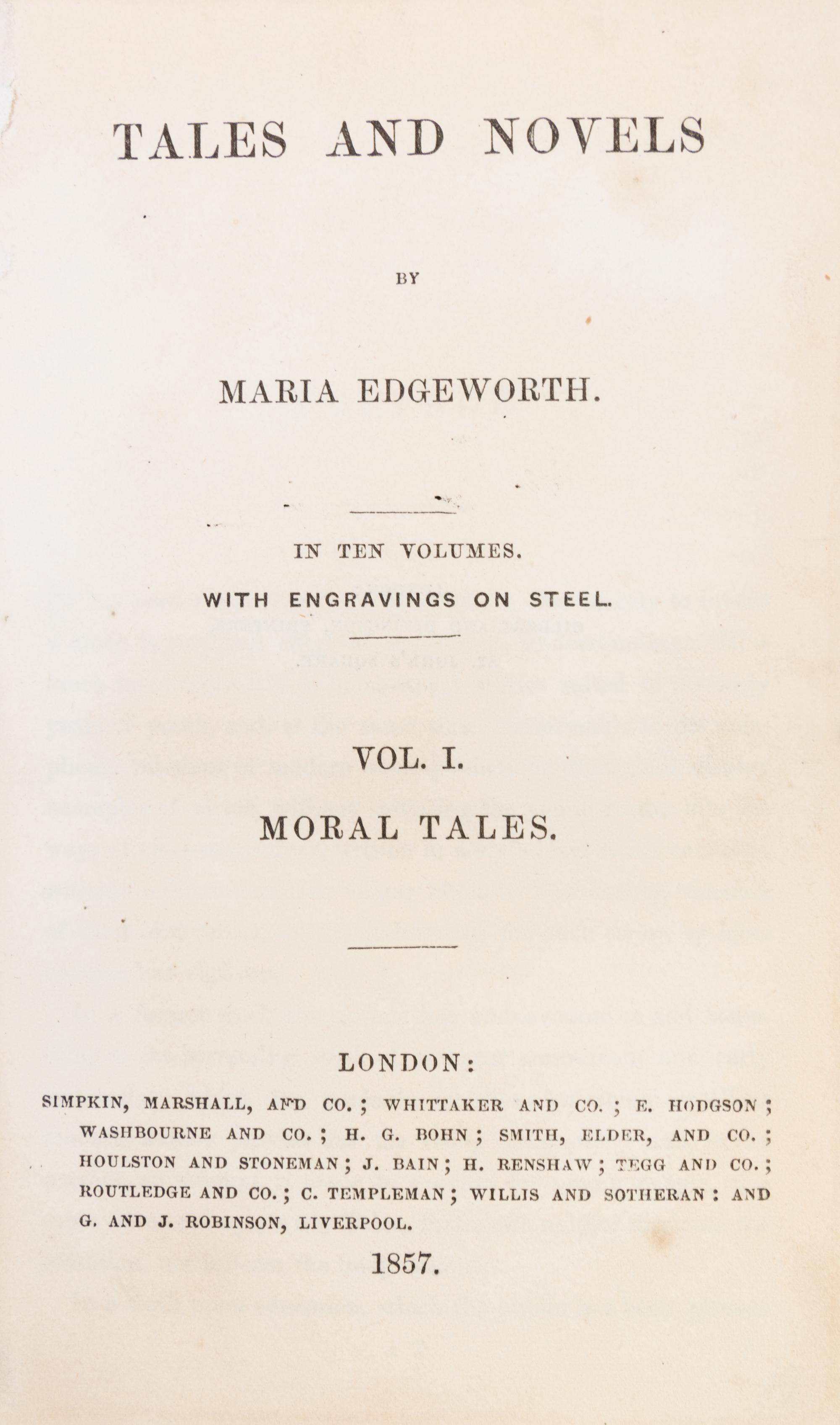 (BINDINGS, VELLUM) EDGEWORTH, MARIA. Tales and Novels. London, 1857. 10 vols.