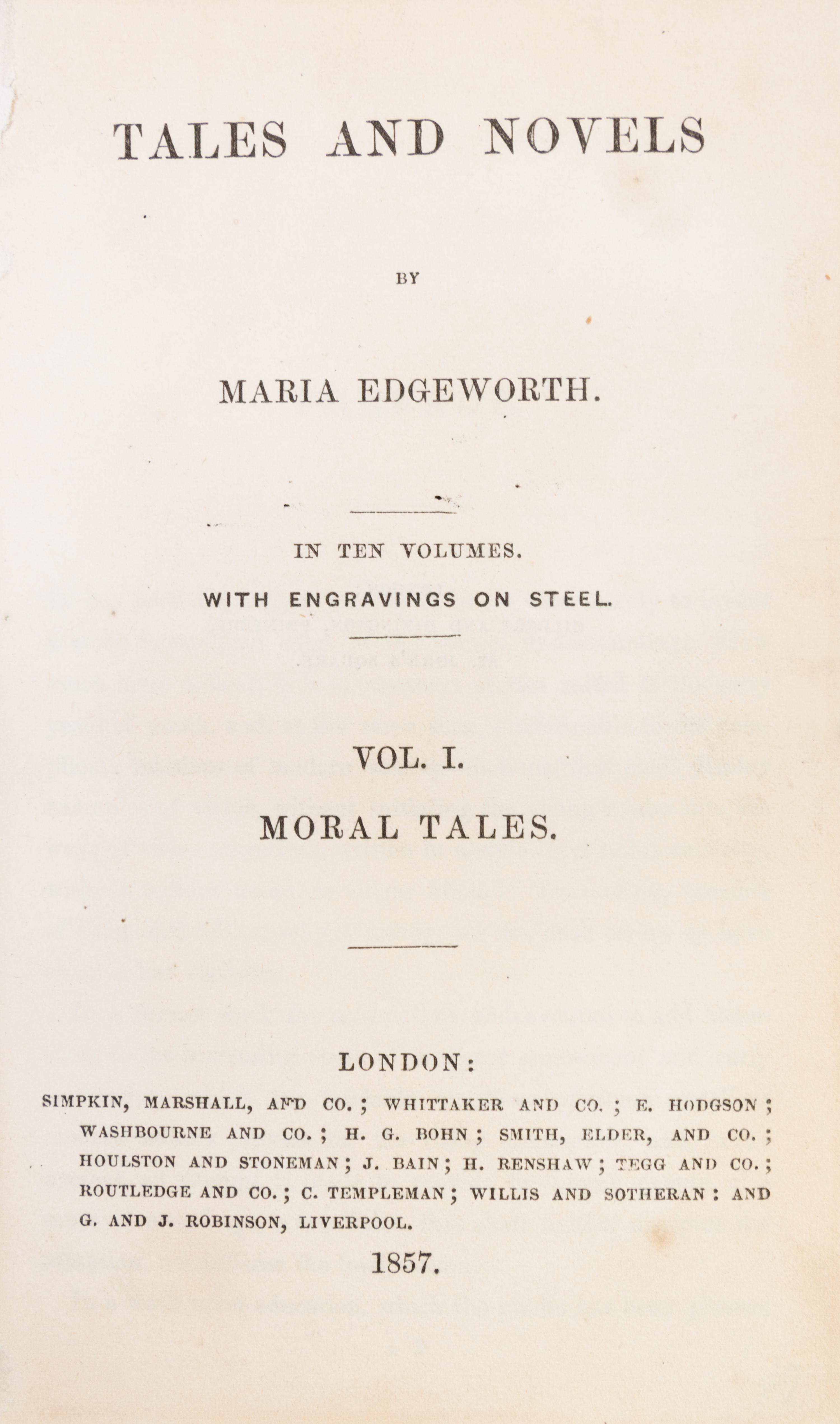 (BINDINGS, VELLUM) EDGEWORTH, MARIA. Tales and Novels. London, 1857. 10 vols.