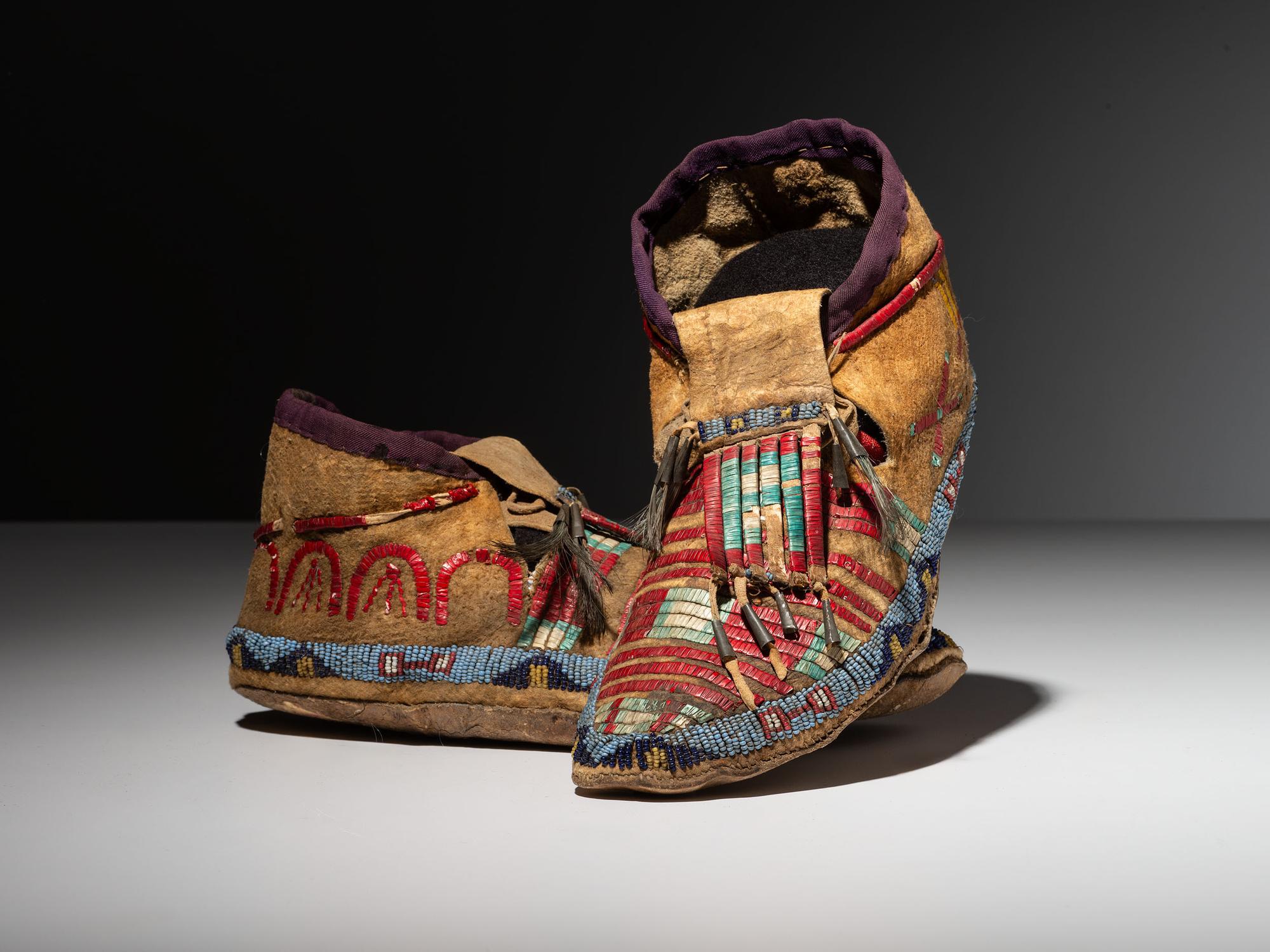 Sioux Quilled and Beaded Hide Moccasins, with Horse Tracks and Honor Wounds