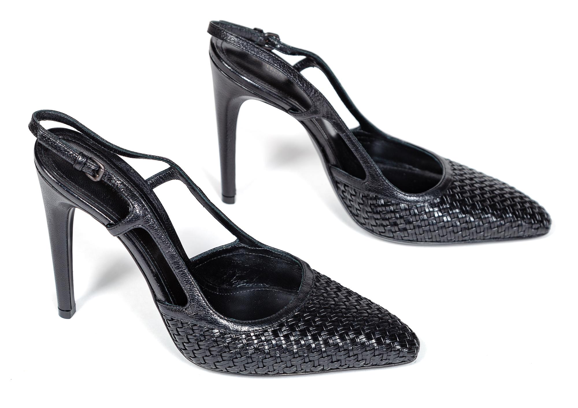 A Pair of Bottega Veneta Black Intrecciato Slingbacks, Size 38.5.