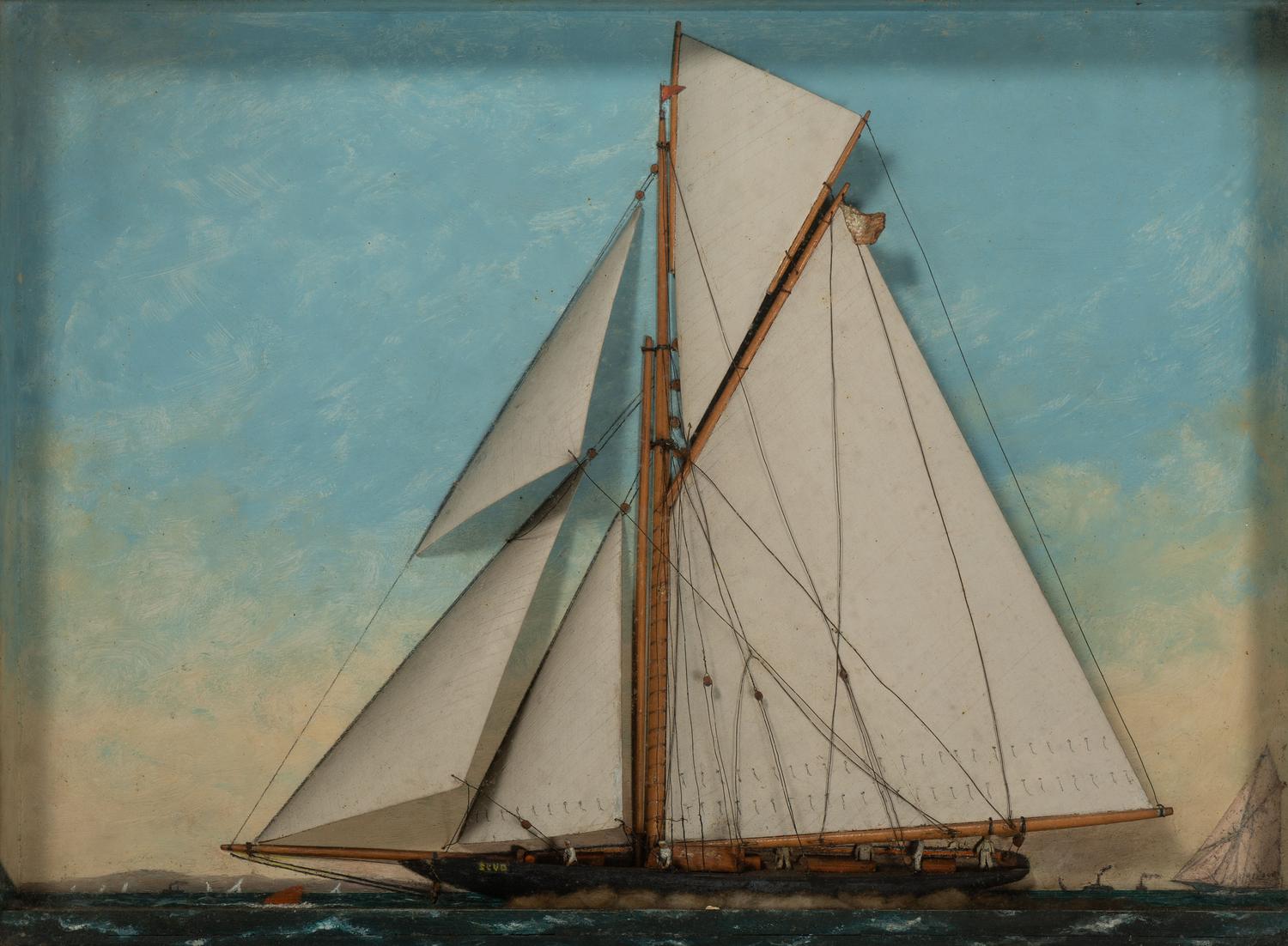 A Carved and Painted Wood Diorama of a Sailboat
