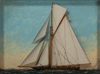 A Carved and Painted Wood Diorama of a Sailboat