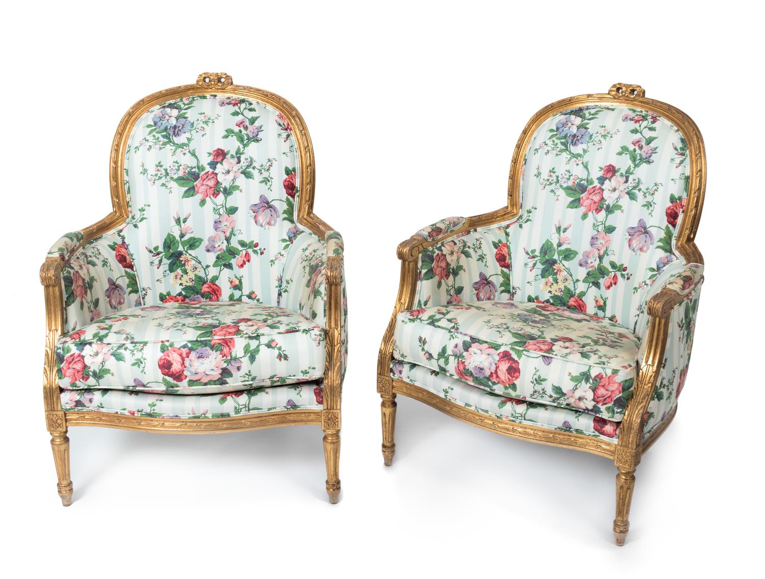 A Pair of Louis XVI Style Carved Giltwood Bergeres — LATE 19TH/EARLY 20TH CENTURY