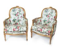 A Pair of Louis XVI Style Carved Giltwood Bergeres — LATE 19TH/EARLY 20TH CENTURY
