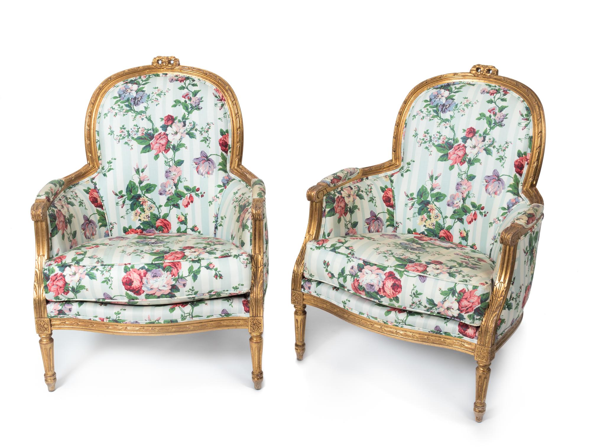 A Pair of Louis XVI Style Carved Giltwood Bergeres — LATE 19TH/EARLY 20TH CENTURY