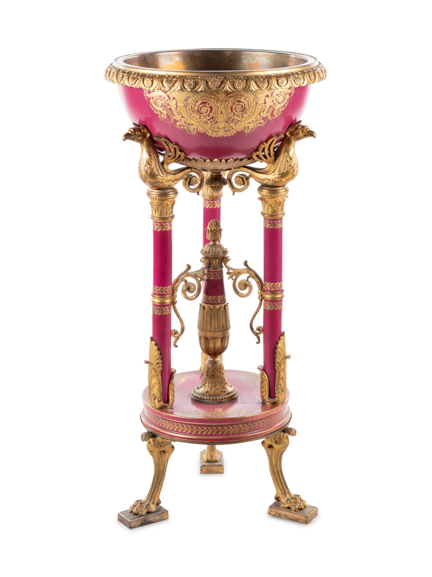 A Sèvres Style Gilt Bronze Mounted Porcelain Jardinière on Stand