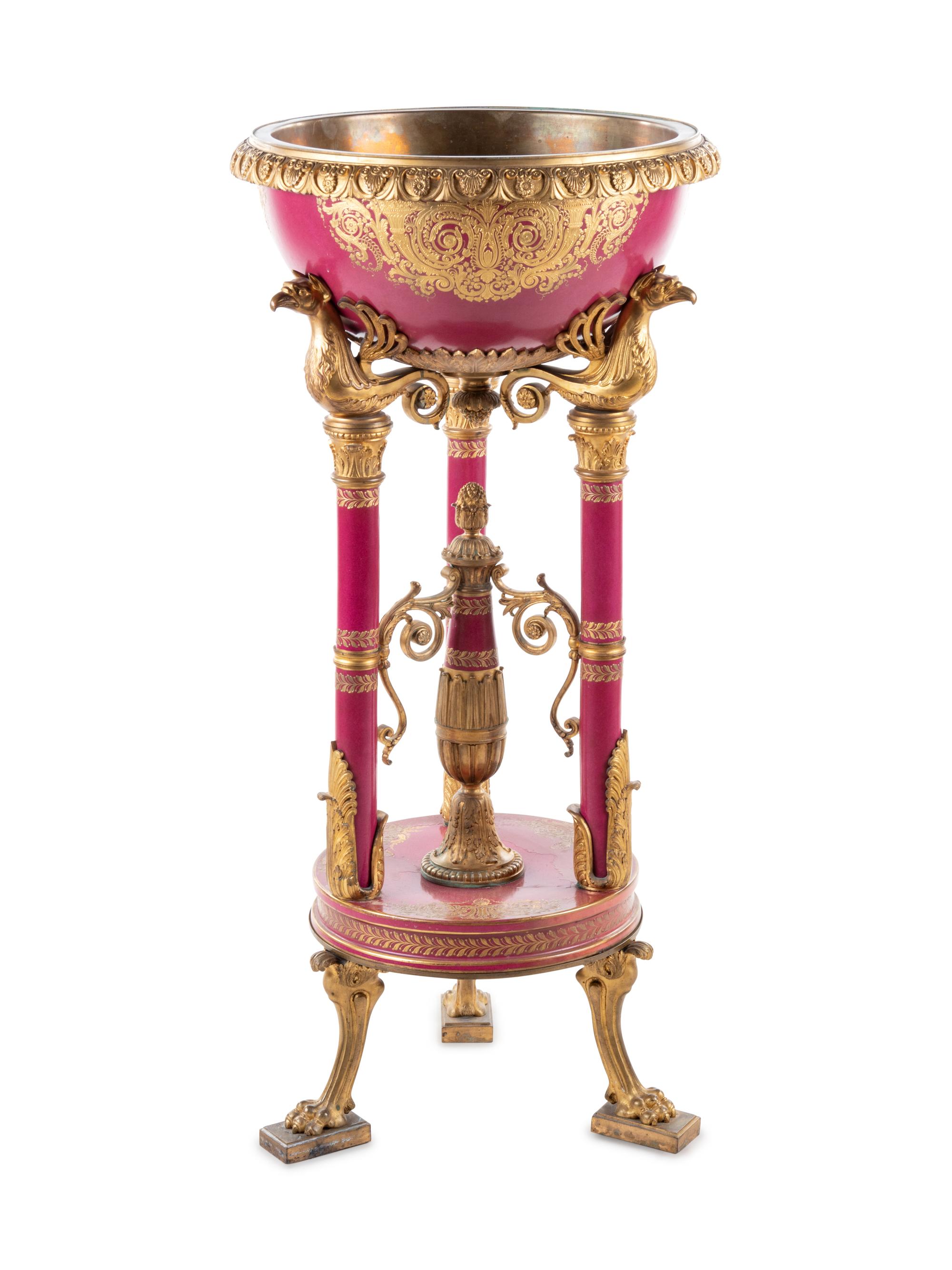 A Sèvres Style Gilt Bronze Mounted Porcelain Jardinière on Stand