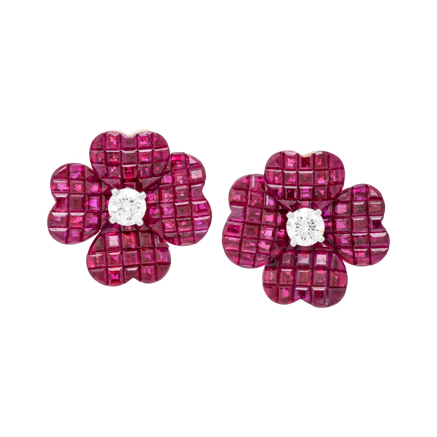 VAN CLEEF & ARPELS, RUBY AND DIAMOND 'MYSTERY SET' FLOWER CLIP EARRINGS
