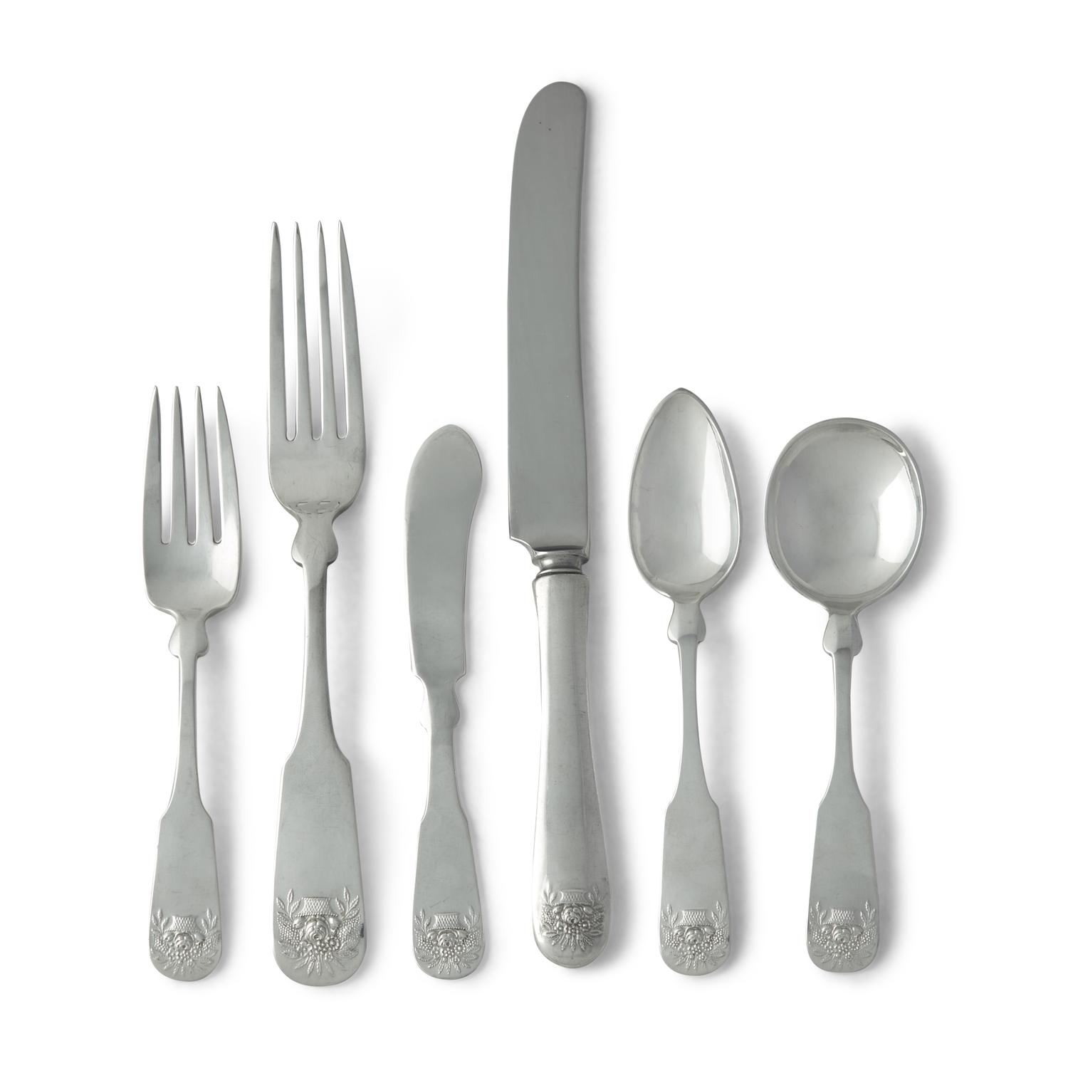 A Federal Style Sterling Silver Flatware Service with Cast Flower Baskets