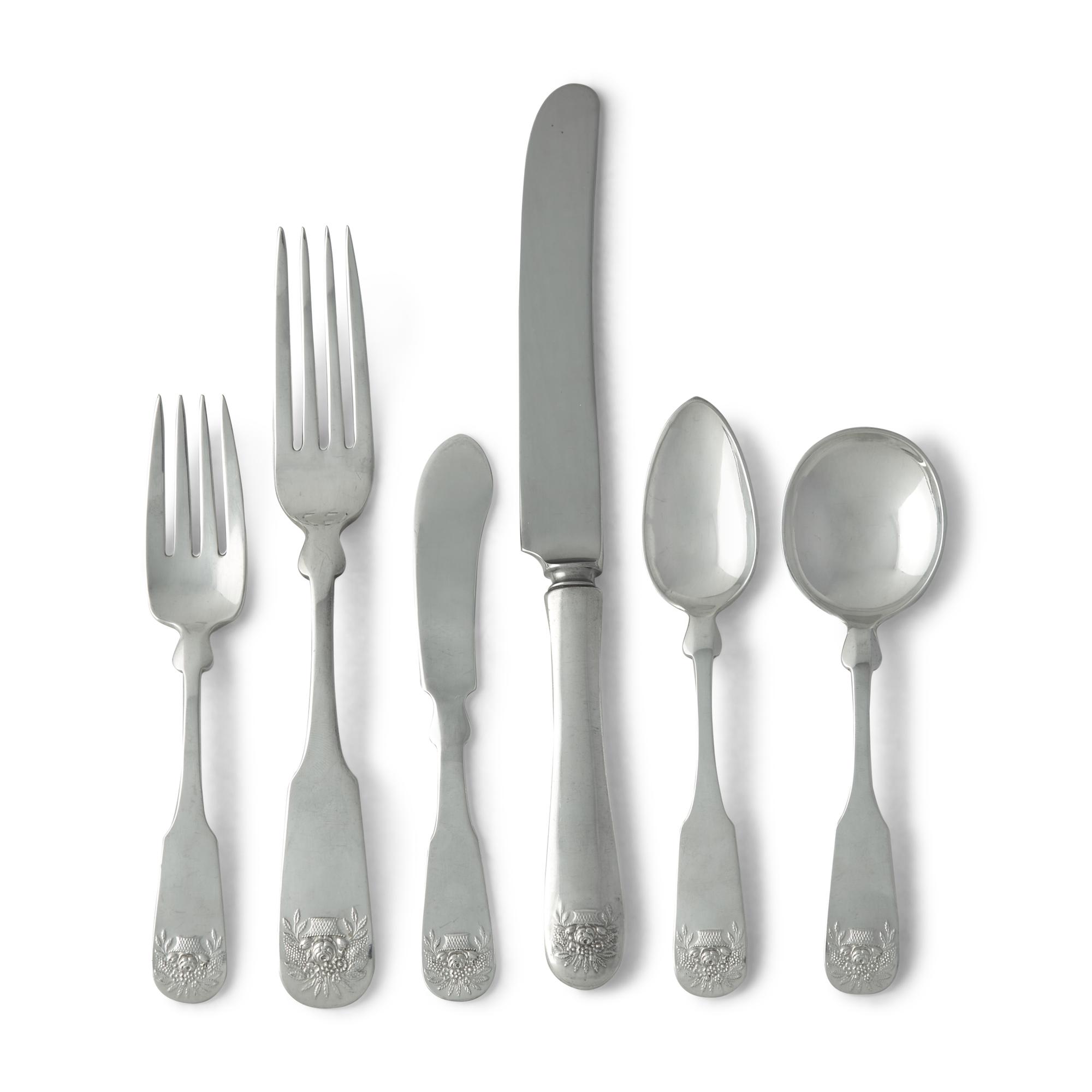 A Federal Style Sterling Silver Flatware Service with Cast Flower Baskets