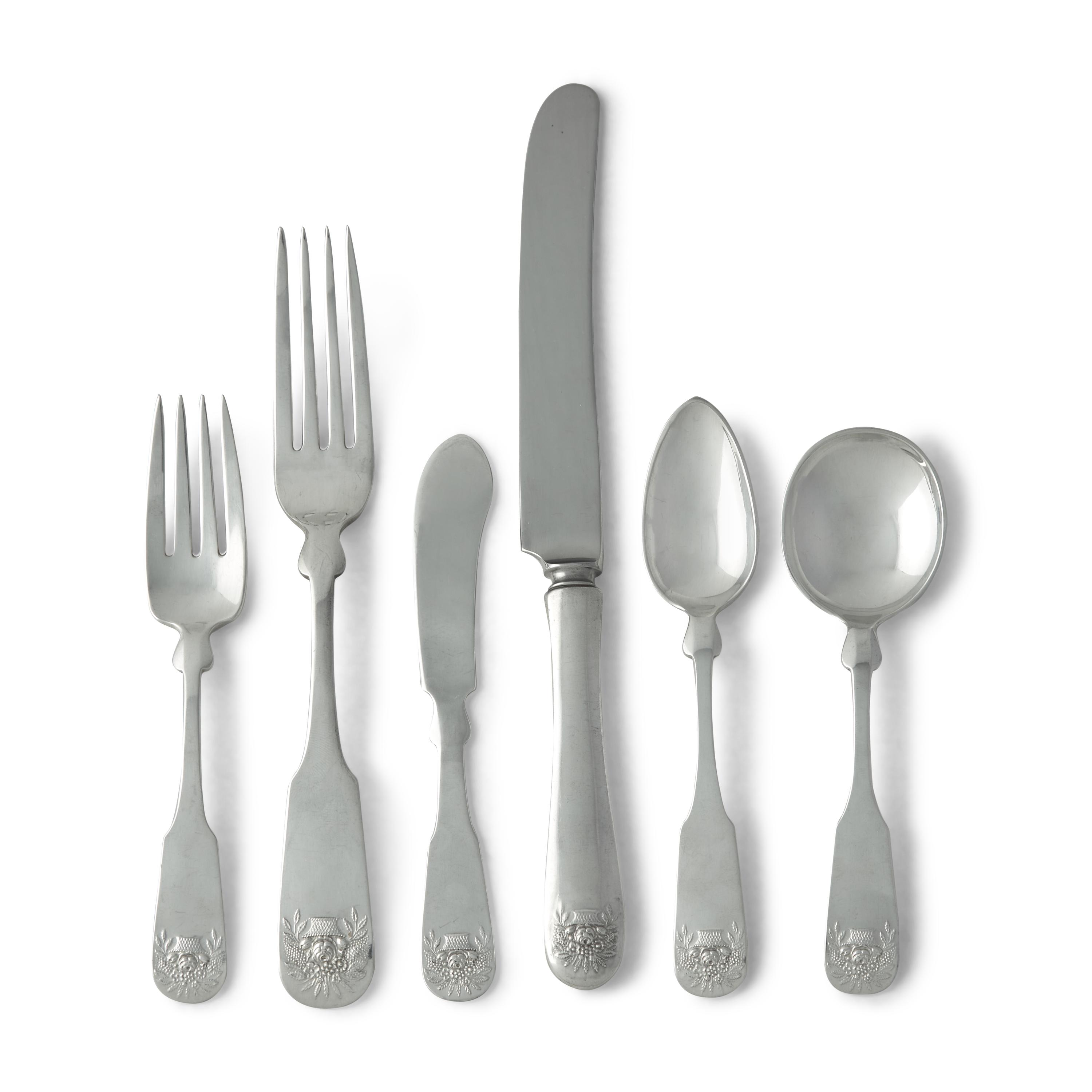 A Federal Style Sterling Silver Flatware Service with Cast Flower Baskets