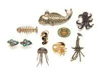 EIGHT MARINE LIFE BROOCHES AND A PAIR OF EAR CLIPS