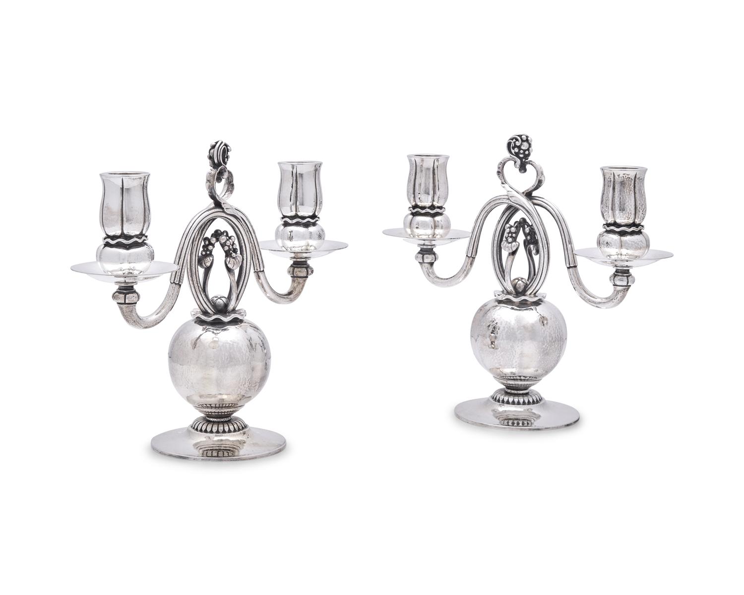 A Pair of Georg Jensen Silver Two-Light Candelabra