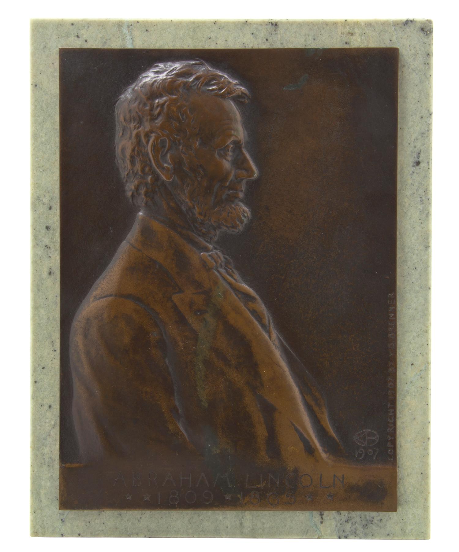 An American Bronze Relief Plaque, Victor D. Brenner (1871-1924), Height 10 3/4 x width 8 3/8 inches.