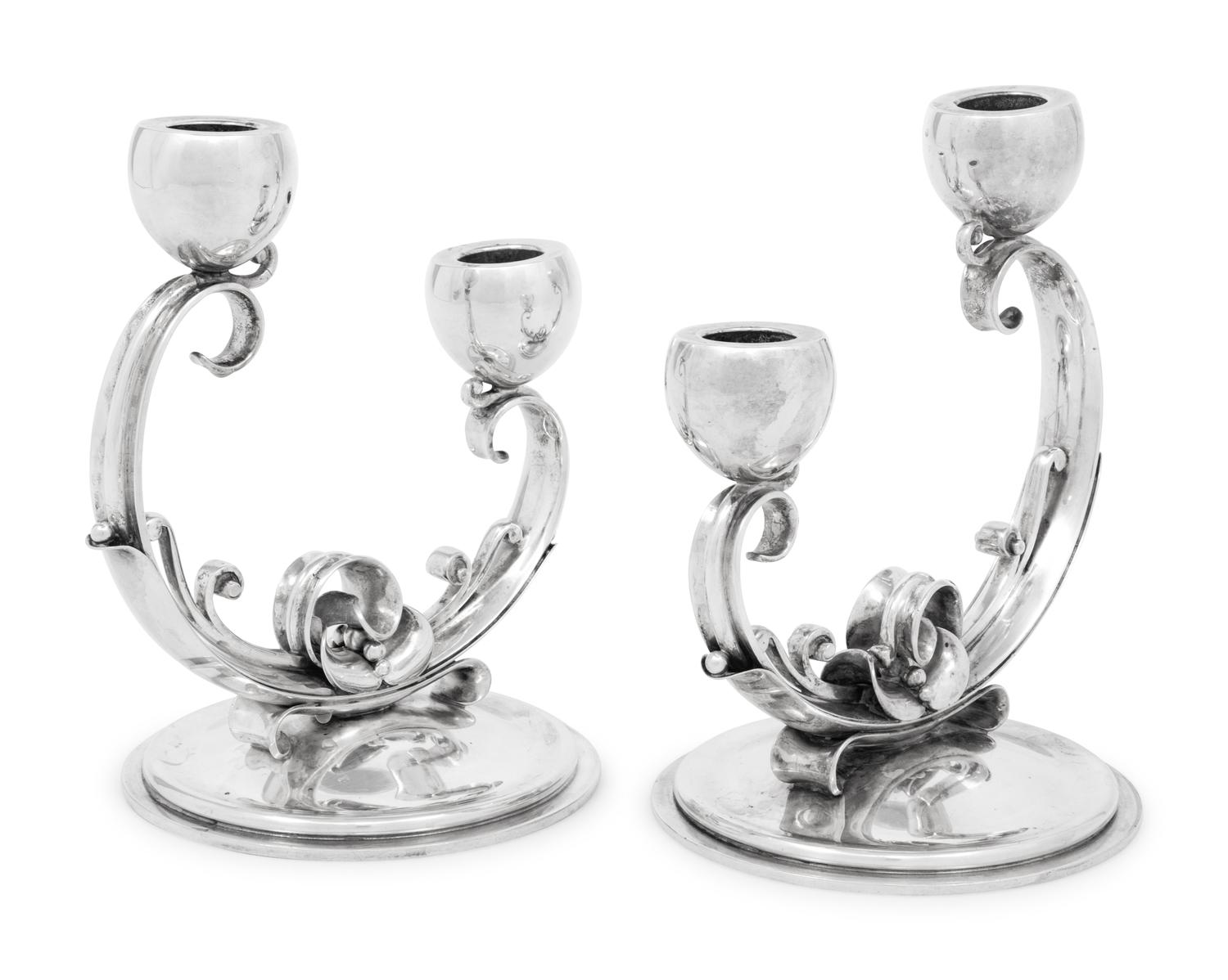 A Pair of Danish Silver Two-Light Candlesticks