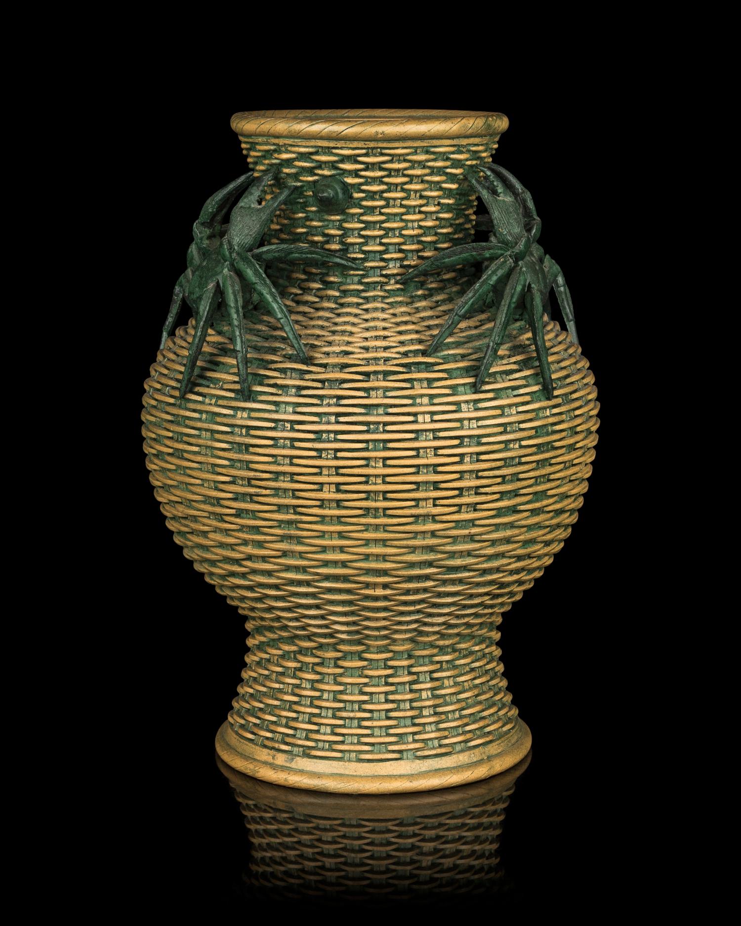 A Chinese Green Enameled Yixing Zisha Pottery Basket-Form Vase