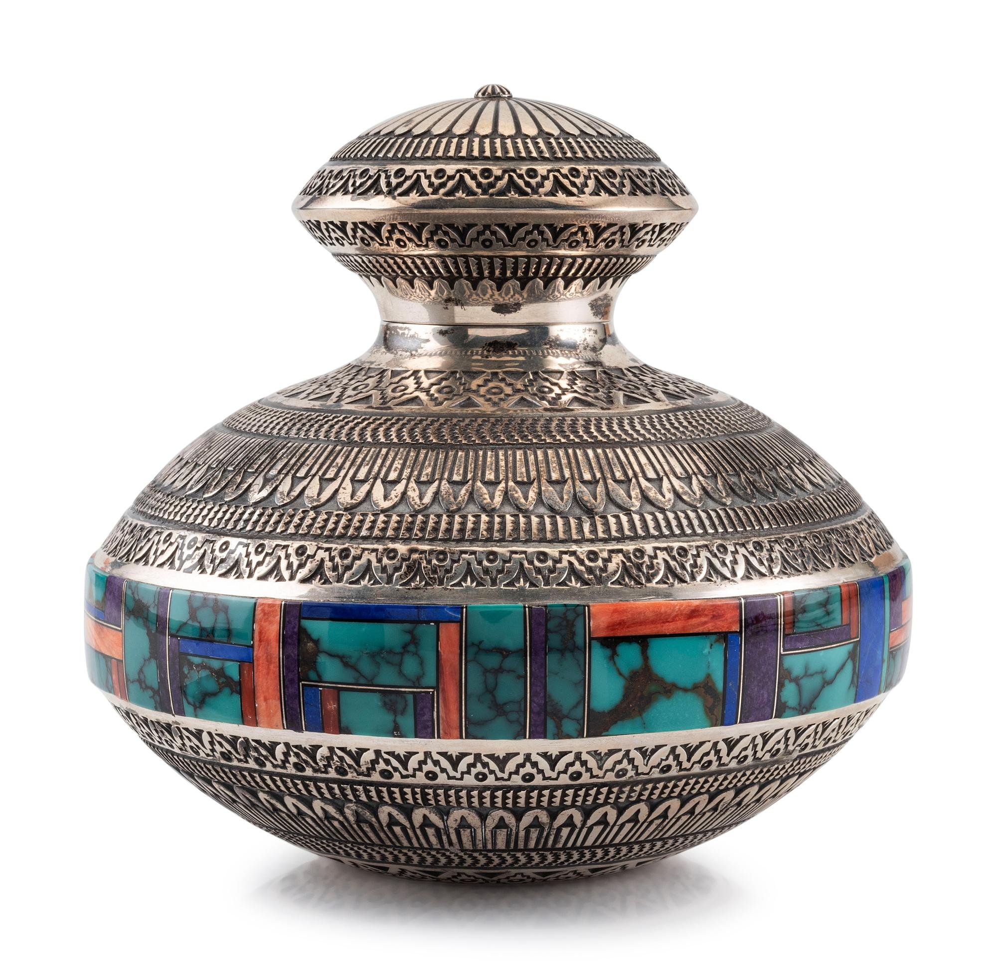 Sterling Silver Lidded Jar, with Mosaic Inlay