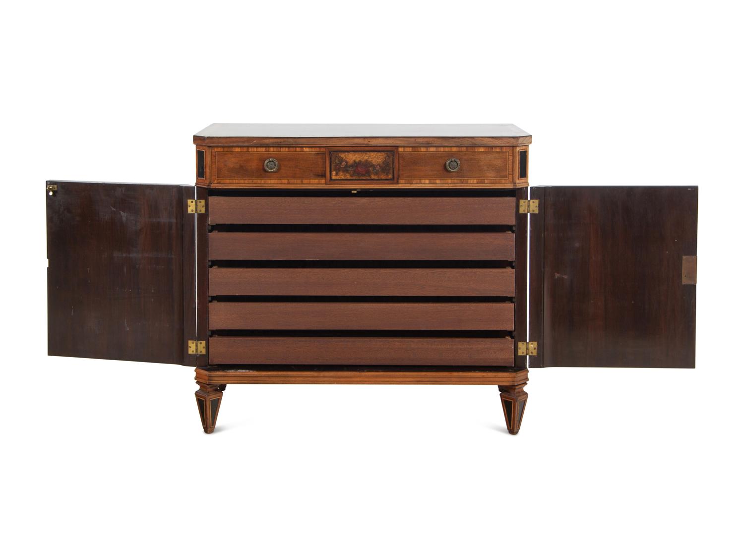 An English Painted Burr Yew Wood, Satinwood and Mahogany Console Cabinet
