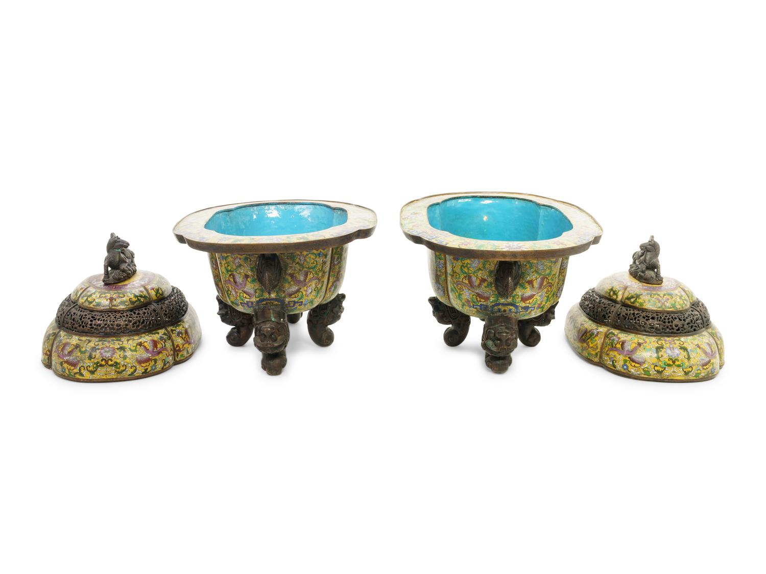 A Pair of Large Cloisonné Enamel Incense Burners