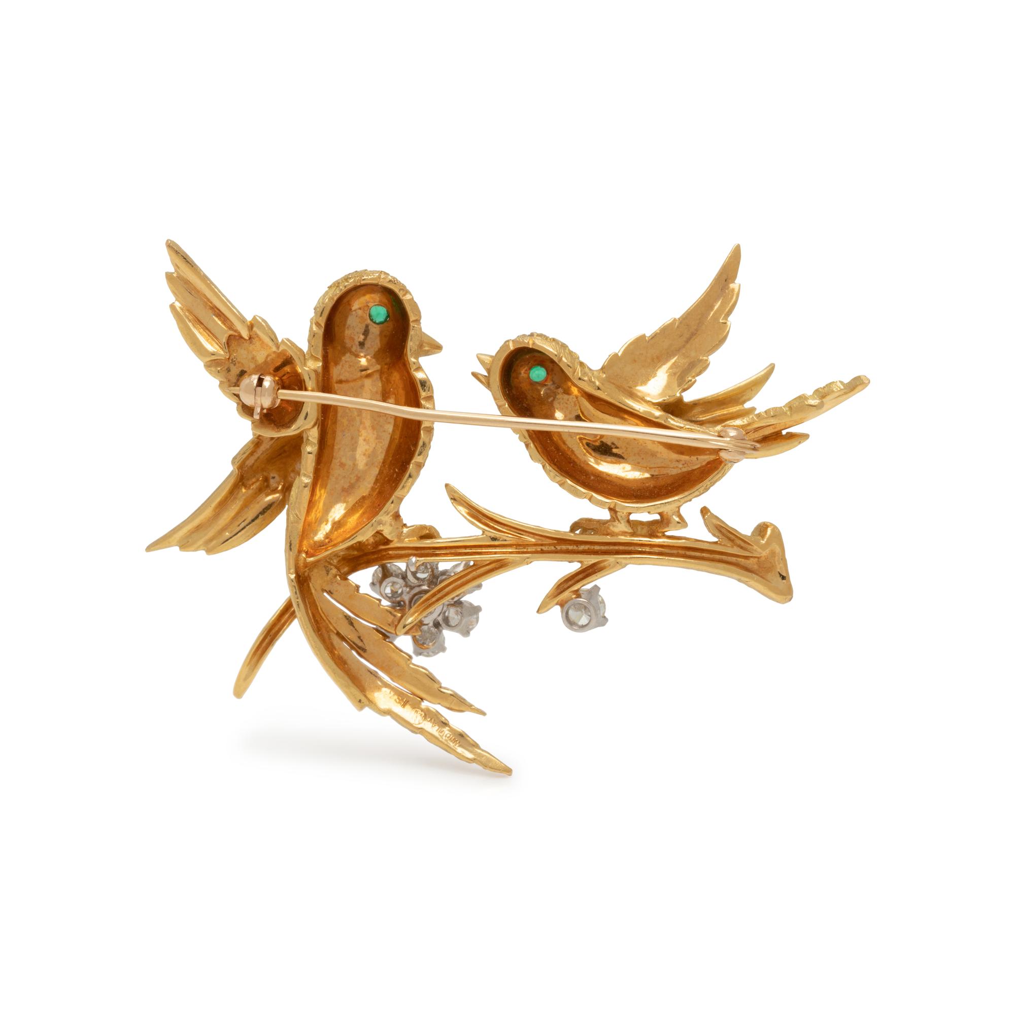 DIAMOND AND EMERALD LOVE BIRDS BROOCH