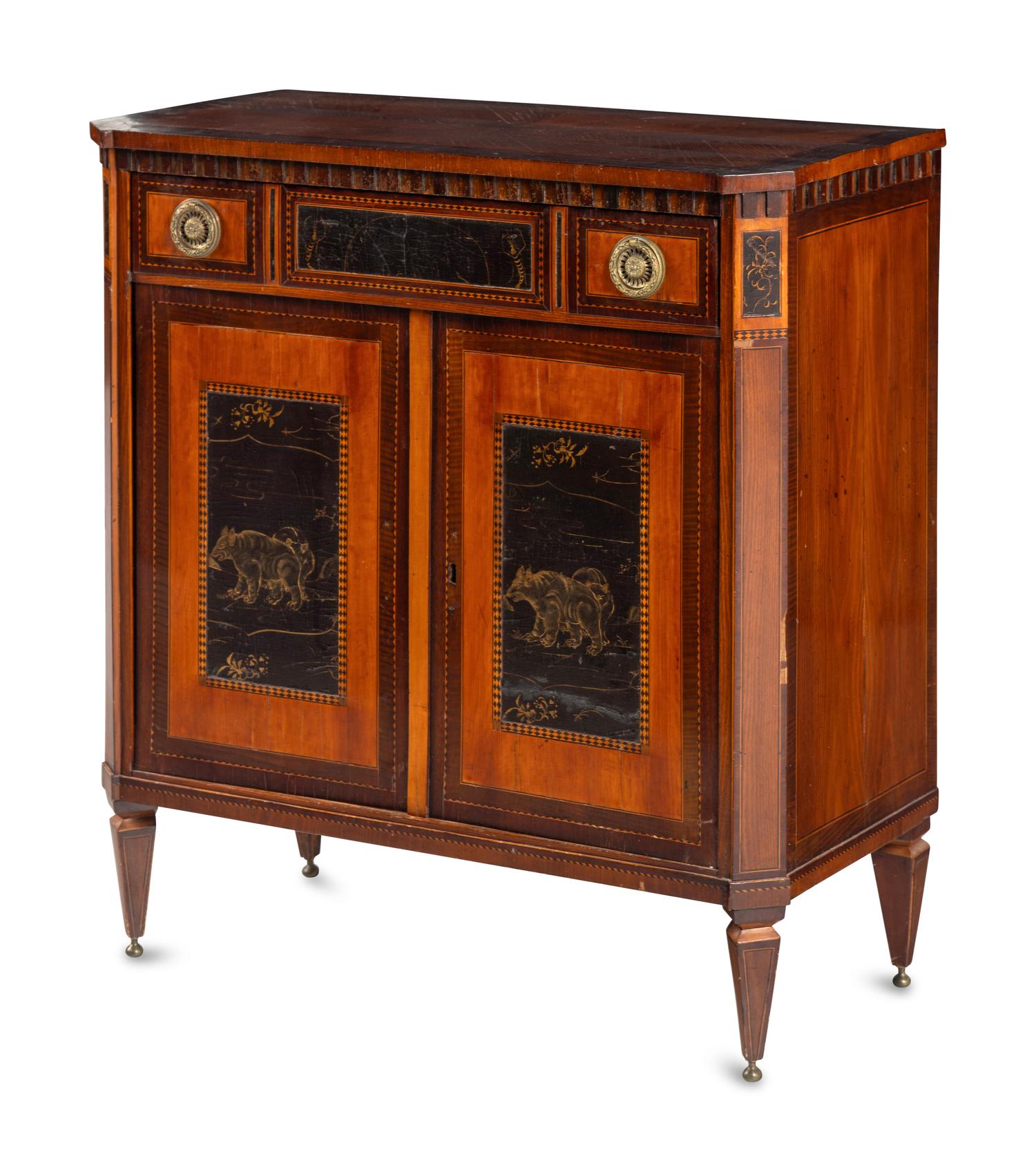 A Regency Lacquer Panel-Inset Mahogany and Marquetry Cabinet