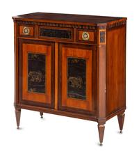 A Regency Lacquer Panel-Inset Mahogany and Marquetry Cabinet