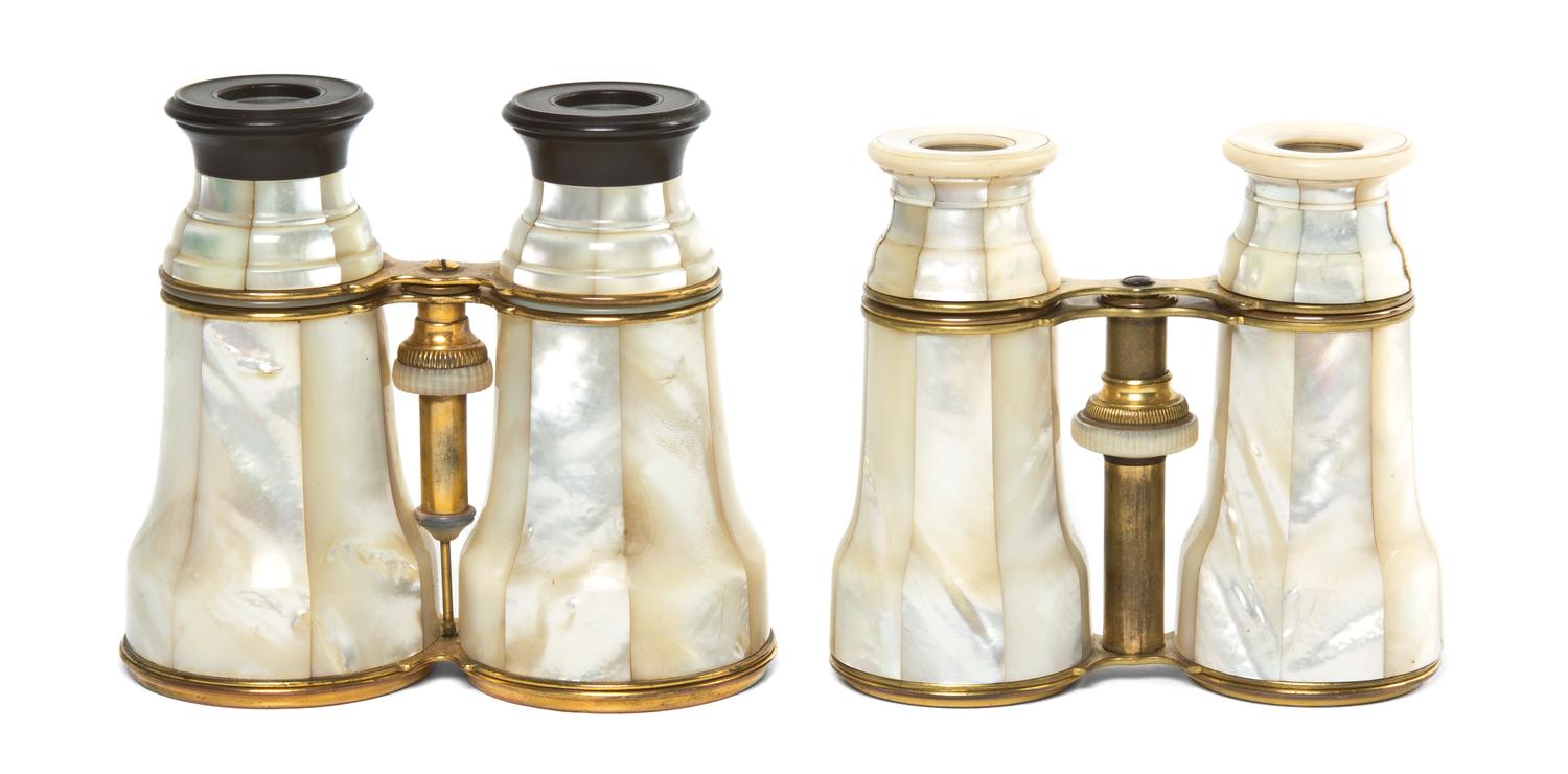 Two Pairs of French Mother-of-Pearl Veneered Opera Glasses, Width of wider 5 inches.