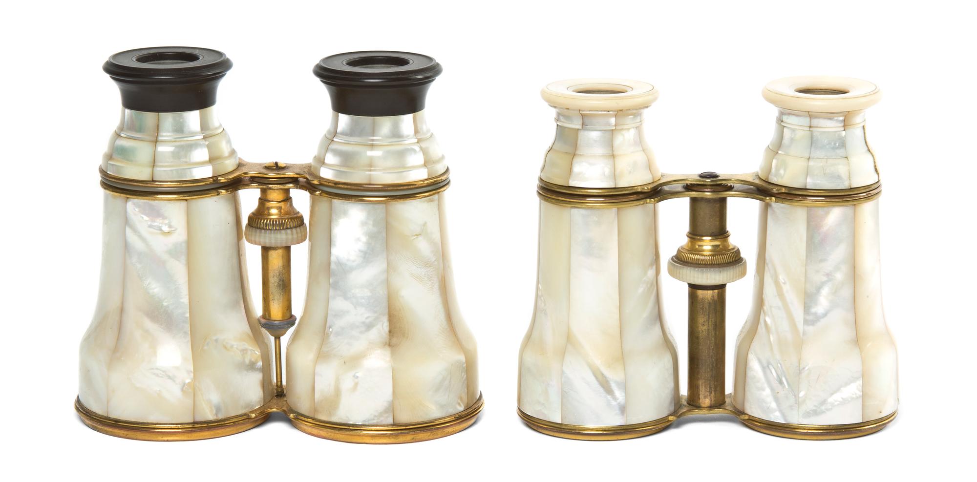 Two Pairs of French Mother-of-Pearl Veneered Opera Glasses, Width of wider 5 inches.