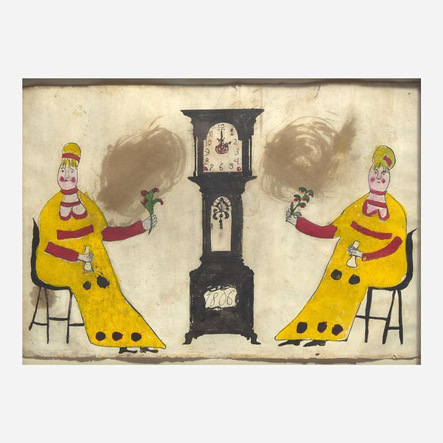 American School 19th / 20th century Two Seated Ladies with Fans Flanking a Tall Case Clock, dated "1806"