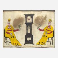 American School 19th / 20th century Two Seated Ladies with Fans Flanking a Tall Case Clock, dated "1806"