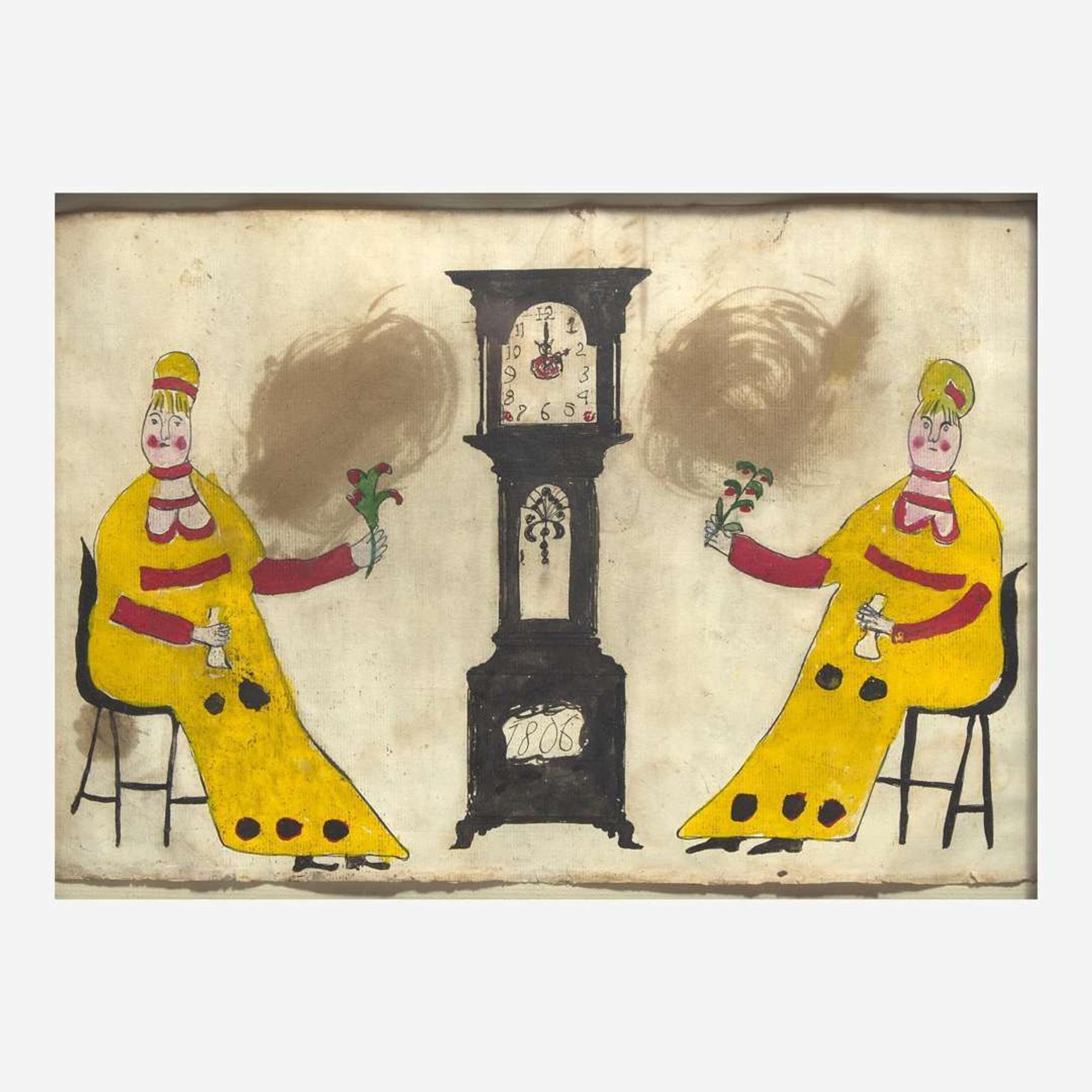 American School 19th / 20th century Two Seated Ladies with Fans Flanking a Tall Case Clock, dated "1806"