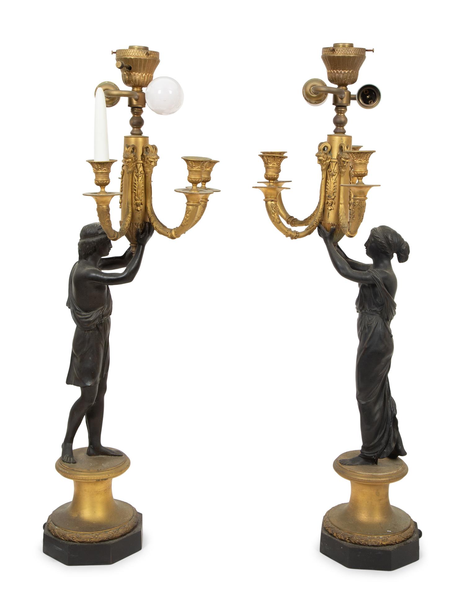 A Pair of Gilt and Patinated Bronze Figural Lamps