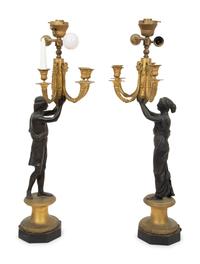 A Pair of Gilt and Patinated Bronze Figural Lamps