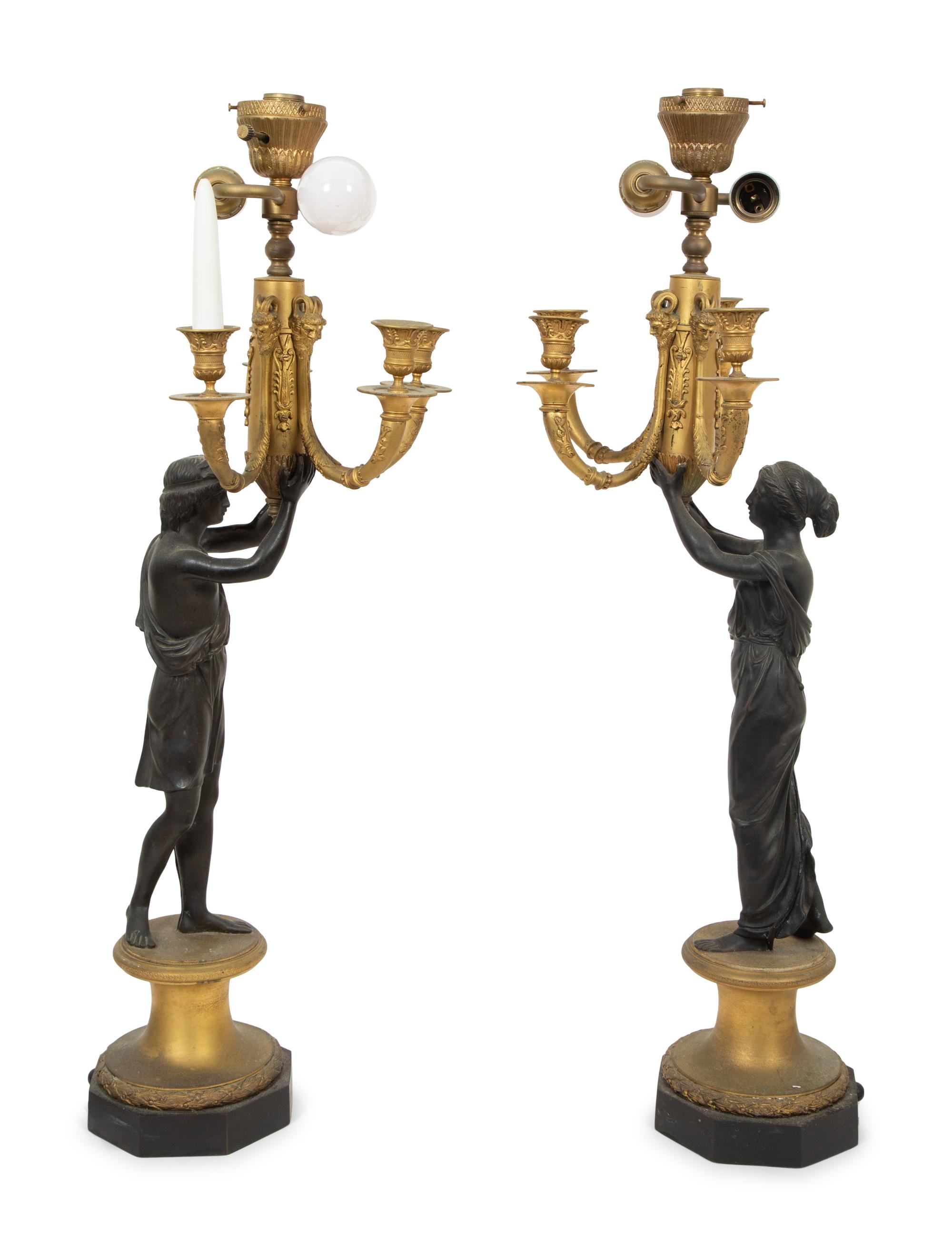 A Pair of Gilt and Patinated Bronze Figural Lamps