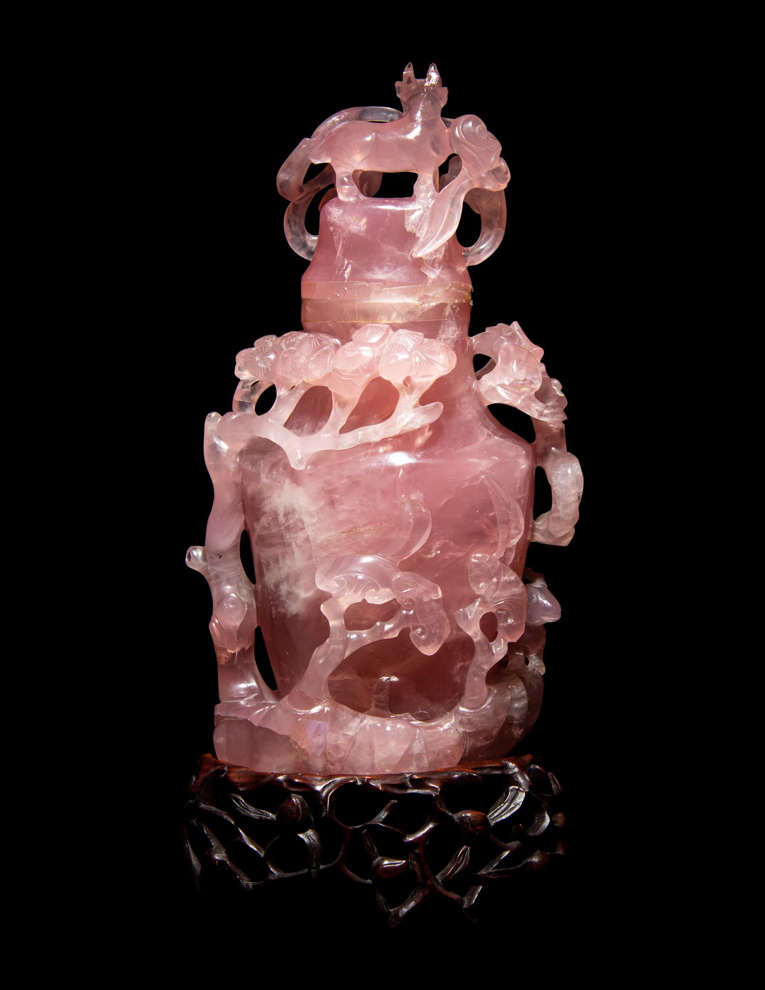 A Chinese Carved Rose Quartz Covered Vase