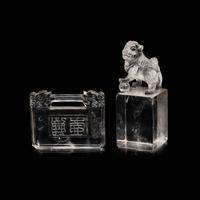 A Chinese Rock Crystal Seal and A Rock Crystal Lock-Form Pendant, 19th-20th Century — 晚清-民國 水晶長命鎖及獅鈕方章