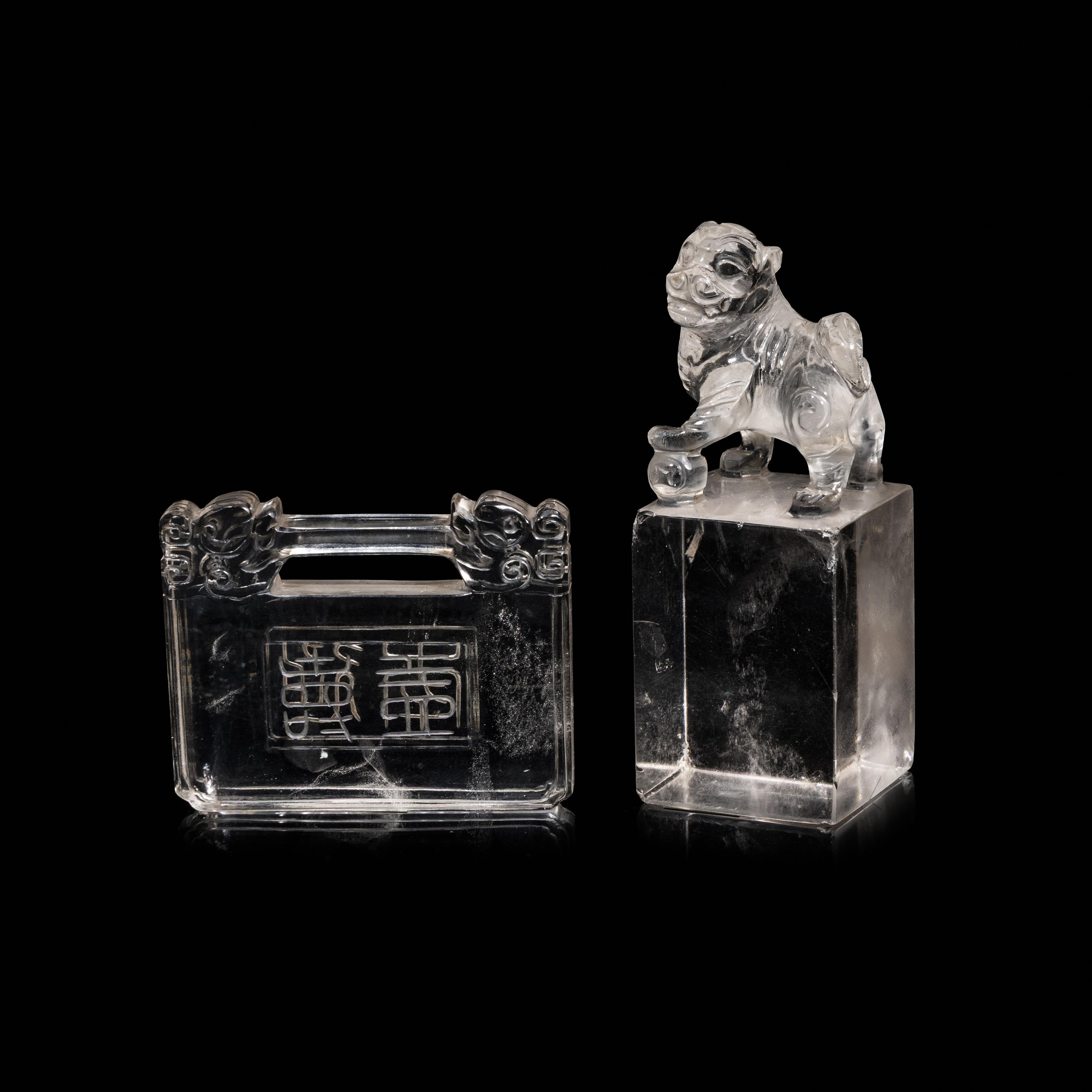 A Chinese Rock Crystal Seal and A Rock Crystal Lock-Form Pendant, 19th-20th Century — 晚清-民國 水晶長命鎖及獅鈕方章