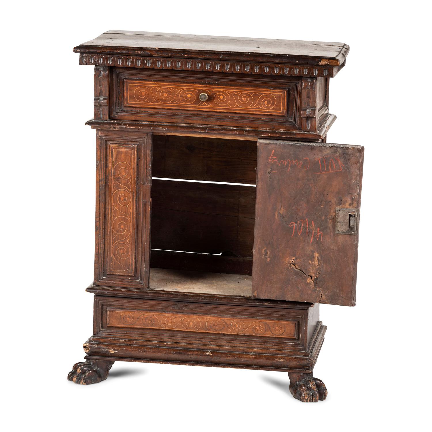 An English Tulip Inlaid Oak Cabinet