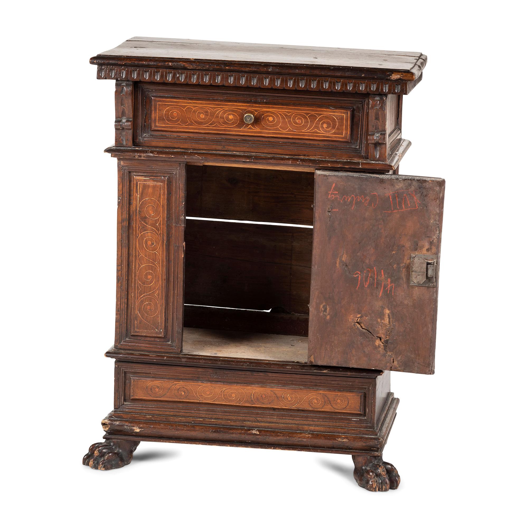 An English Tulip Inlaid Oak Cabinet