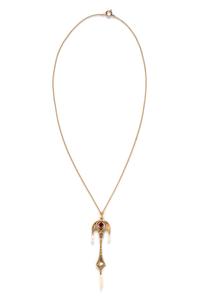 GARLAND FISHER CO., ART NOUVEAU, YELLOW GOLD, GARNET AND PEARL PENDANT/NECKLACE