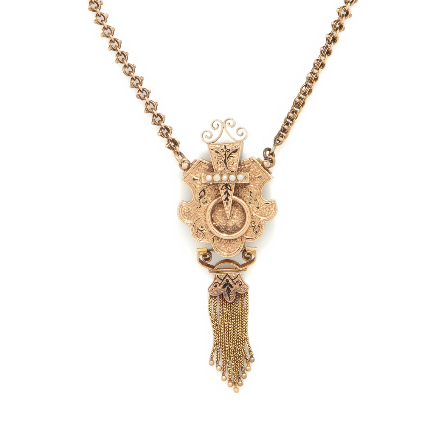 VICTORIAN, LOW KARAT GOLD, BLACK ENAMEL AND SEED PEARL PENDANT NECKLACE