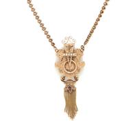 VICTORIAN, LOW KARAT GOLD, BLACK ENAMEL AND SEED PEARL PENDANT NECKLACE